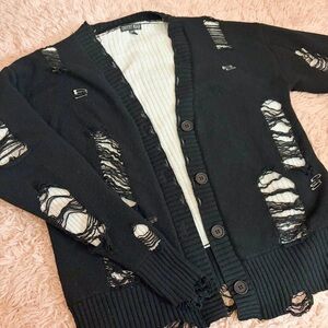 Dolls Kill Current Mood Black Ripped Goth Grunge Sweater Cardigan Sz XS/S